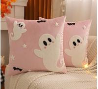 Tosleo 2pc Halloween Cushion Cover 18×18in Velvet Throw Cushion Case Decor Pink Cute Ghost Soft Throw Pillows Covers for Home Sofa Indoor Outdoor Bedroom Decor for Sofa Bedroom Home Kitchen