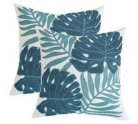 Tosleo Blue Tropical Leaf Embroidered Throw Pillow Covers 18x18 Inch Set of 2 Monstera Palm Leaves Couch Pillowcases Botanical Plant Cushion Case Spring Summer Home Decor for Living Room Bedroom Bed