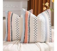 Tosleo Boho Pillow Covers 18x18 Inch Set of 2 Blue and Orange Striped Chenille Throw Pillow Covers Square Decorative Pillowcases for Sofa Couch Bed Living Room Farmhouse Decor
