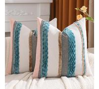 Tosleo Boho Pillow Covers 18x18 Inch Set of 2 Blue Striped Chenille Throw Pillow Covers Square Decorative Pillowcases for Sofa Couch Bed Living Room Farmhouse Decor
