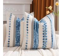 Tosleo Boho Pillow Covers 18x18 Inch Set of 2 Blue Striped Chenille Throw Pillow Covers Square Decorative Pillowcases for Sofa Couch Bed Living Room Farmhouse Decor