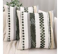 Tosleo Boho Pillow Covers 18x18 Inch Set of 2 Green Striped Chenille Throw Pillow Covers Square Decorative Pillowcases for Sofa Couch Bed Living Room Farmhouse Decor