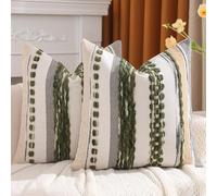 Tosleo Boho Pillow Covers 18x18 Inch Set of 2 Green Striped Chenille Throw Pillow Covers Square Decorative Pillowcases for Sofa Couch Bed Living Room Farmhouse Decor