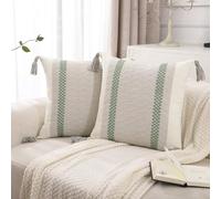 Tosleo Boho Sage Green Stripes Throw Pillow Covers 18x18 Set of 2 with Tassels Neutral Pillowcase Farmhouse Rustic Retro Cushion Case Bohemian Home Spring Decor for Wedding Bedroom Living Room Couch
