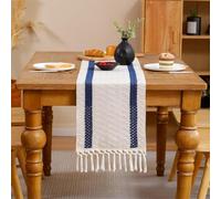 Tosleo Boho Table Runner 12×72 Inches Long with Tassels Navy Blue Double Striped Farmhouse Rustic Table Runner for Dining Wedding Party Spring Decor(One Piece