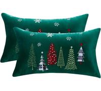 Tosleo Christmas Embroidery Throw Pillow Covers 12 x 20 inch Set of 2 Velvet Pillowcases Forest Green Christmas Trees Cushion Pillow Cases Soft Square Holiday Pillowcase