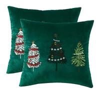 Tosleo Christmas Throw Pillow Cover 18 x 18 inch Set of 2 Green Christmas Tree Velvet Pillow case Party Decorations Embroidery Pillowcase Winter Holiday Cushion Case
