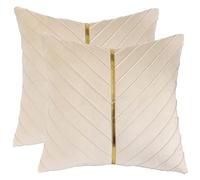 Tosleo Cream Velvet Throw Pillow Covers 18x18 Pack of 2 with Gold Leather Decorative Couch Pillow Cover Luxury Modern Pillowcases for Living Room Bedroom Sofa Cushion Bed 45x45CM