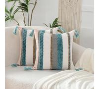 Tosleo Decorative Throw Pillow Covers 18x18 Set of 2 with Tassels Boho Chenille Tufted Pillow Cover Textured Pillow Covers Coastal Striped Pillow Cases Accent Pillow Cases Farmhouse Cushion Case,Blue