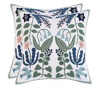 Tosleo Embroidered Decorative Throw Pillow Covers 18x18 inch Pack of 2 Green Leaves with Birds Floral Pillowcases Farmhouse Pillow Cushion Cases Home Decor Square Blue Flower Pillow Case