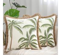 Tosleo Embroidered Throw Pillow Covers 18x18 Pack of 2 with Flax Fringe Cotton Boho Pillow Cushion Cases Farmhouse Decor Square Green Palm Tree Pillowcases for Spring Summer Sofa Couch Bedroom