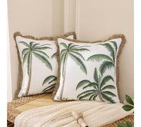 Tosleo Embroidered Throw Pillow Covers 18x18 Pack of 2 with Flax Fringe Cotton Boho Pillow Cushion Cases Farmhouse Decor Square Green Palm Tree Pillowcases for Spring Summer Sofa Couch Bedroom