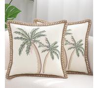 Tosleo Embroidered Throw Pillow Covers 18x18 Set of 2 Green and Pink | Coconut Trees,Jute Rope,Durable Fabric,Square Pillow Cover,Boho Decor,Hidden Zipper,Aesthetic Design,Ideal Gift,Easy Care