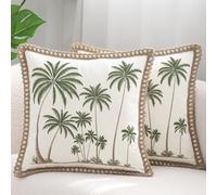 Tosleo Embroidered Throw Pillow Covers 18x18 Set of 2 Green Palm Trees | Jute Rope,Durable Fabric,Square Pillow Cover,Boho Decor,Hidden Zipper,Aesthetic Design,Ideal Gift,Easy Care