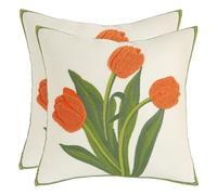 Tosleo Flower Cushion Covers 40 x 40 cm Throw Pillow Covers Orange Tulip Embroidery Cotton and Linen Pillow Case for Sofa Bed Garden Patio Home Decor Set of 2