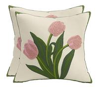 Tosleo Flower Cushion Covers 45 x 45 cm Throw Pillow Covers Pink Tulip Embroidery Cotton and Linen Pillow Case for Sofa Bed Garden Patio Home Decor Set of 2