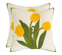 Tosleo Flower Cushion Covers 45 x 45 cm Throw Pillow Covers Yellow Tulip Embroidery Cotton and Linen Pillow Case for Sofa Bed Garden Patio Home Decor Set of 2