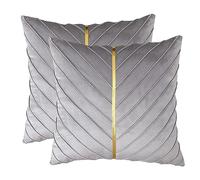 Tosleo Gray Velvet Throw Pillow Covers 18x18 inch Pack of 2 with Gold Leather Decorative Couch Pillowcases Luxury Modern Pillow Cases for Living Room Bedroom Sofa Cushion Bed 45 x 45 cm