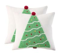 Tosleo Green Christmas Tree Tufted Throw Pillow Cover 20 x 20 Inch Set of 2 Cotton Christmas Party Decorations Winter Holiday Soft Cushion Case for Sofa Couch Bed Living Room