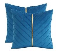 Tosleo Lake Blue Velvet Throw Pillow Covers 16x16 inch Pack of 2 with Gold Leather Decorative Couch Pillowcases Luxury Modern Pillow Cover for Living Room Bedroom Sofa Cushion Bed 40x40CM