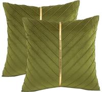 Tosleo Olive Green Velvet Throw Pillow Covers 20x20 Pack of 2 with Gold Leather,Decorative Couch Pillowcases Luxury Modern Pillow Cover for Living Room Bedroom Sofa Cushion Bed 50x50cm