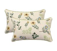 Tosleo Pack of 2 Embroidered Throw Pillow Covers 12x20 inch Green Leaves Small Crushed Flower Farmhouse Pillow Cushion Cases Decorative Pillowcases Home Decor Square Floral Pillow Case