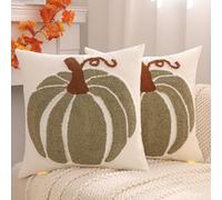 Tosleo Set of 2 Autumn Green Pumpkin Cushion Covers 45 x 45 cm Tufted Throw Pillow Covers Halloween Farmhouse Decorations Fall Thanksgiving Holiday Linen Pillowcase for Party Sofa Couch Home Decor