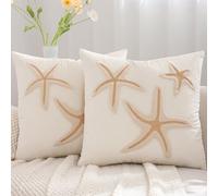Tosleo Set of 2 Coastal Cushion Covers, 45 x 45 cm, Beige Starfish, Summer, Ocean, Beach Decorative Cushion Cover, Decorative Embroidery Cushion Cover, Sofa Cushion for Sofa, Couch, Bedroom, Living