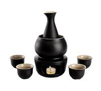 Tosnail 7 Pieces Ceramic Japanese Sake Set with Warmer, Hot Saki Set - Black
