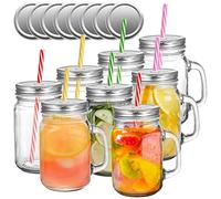 Tosnail 8 Pack 16oz Glass Mason Jar Mugs with Handle, 16 Pcs Tin Lids and 8 Pcs Plastic Straws, 480ml Old Fashioned Mason Jar Drinking Glasses, Clear Glass Cups for Party and Daily Use