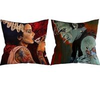 TOSOENPHY Goth Decor Decorative Throw Pillow Covers 18x18in Set of 2, Double-Sided Bride of Frankenstein Halloween Horror Decor for Gothic Home Bedding Couch Room, Cool Pillows Spooky Gifts - Line