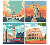 TOSTOG 4 Pack City Paint by Numbers Kits for Adults and Beginners London Paris New York Rome DIY Painting by Numbers for Children Acrylic Oil Canvas for Home Wall Decor(8X8Inch)