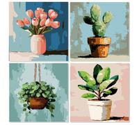 TOSTOG 4 Pack Plant Paint by Numbers Kits for Adults and Beginners Cactus Tulip DIY Painting by Numbers for Children Acrylic Oil Canvas for Home Wall Decor(8X8Inch)