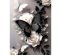 TOSTOG Black Butterfly Diamond Painting Kits for Adults, White Rose 5D DIY Diamond Art Kit Full Drill Diamond Crystal Rhinestone Arts and Crafts Picture for Home Wall Decor 30x40cm