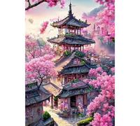 TOSTOG Cherry Blossom Scenery Diamond Painting Kits for Adults, 5D Full Drill Diamond Art Kits Temple Flower Landscape, DIY Round Diamond Picture Arts Gem Painting Crafts for Home Wall Decor 30x40cm