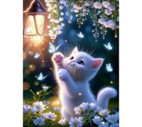 TOSTOG White Kitten Diamond Painting Kits for Adults, Blue Butterfly 5D DIY Diamond Art Kit Full Drill Diamond Crystal Rhinestone Arts and Crafts Picture for Home Wall Decor 30x40cm