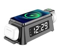 Tosuny Wireless Charger, 6 in 1 Alarm Clock with LED Display and Temperature Reading, Watertight Design Wireless Charging Station for Phone Earbuds Smartwatch