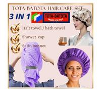 TOTA-BATOTA 3-in-1 Hair Care Set - Microfiber Hair Towel Wrap, Waterproof Shower Cap & Satin Sleep Bonnet Super Absorbent | Anti-Frizz | Heat-Free Drying | Hair Protection Day/Night (BURBLE)