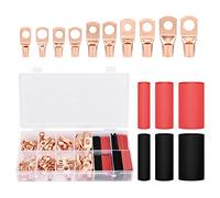 Total 150Pcs Battery Cable Ends include 70pcs Copper Wire Lugs and 80pcs Heat Shrink Tubings, 2 4 6 8 10 12 Awg Eyelets Tubular Ring Terminal Connector with Closed Bare End for Electrical Cable
