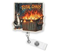 Total Chaos Badge Reel Retractable Funny Silly Goose Dumpster Fire Sarcastic Humor Cute Nurse Nursing CNA RN Id Badge Holder 1.6 Inches Acrylic Accessories for Office Medical Worker Teacher Student