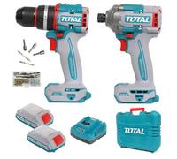 Total Li-Ion 20V Brushless Cordless 2pc Impact Driver & Impact Drill | with 2 x Batteries & Charger | Carry Case | 66Nm | LED Work Light | 50pc Accessories | TCKLI20277E