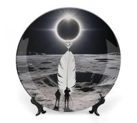 Total Solar Eclipse Bone China Decorative Plate with Display Stand, 8inch Porcelain Wall Hanging Plate for Home Office Decor, Elegant Round Ceramic Plates for Home Decor & Gift Idea