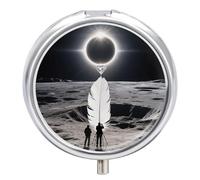 Total Solar Eclipse Pill Box 3 Compartment Round Metal Pill Organizer Portable Mini Travel Medicine Case with Mirror Cute Medicine Container Holder for Pocket Purse