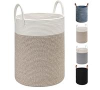 TOTANKI Large Cotton Rope Laundry Basket - 40 cm (D) x 50 cm (H) - Foldable Woven Basket with Leather Handles for Storing Clothes, Nappies, Toys (White/Brown)