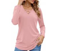 Totatuit Long Sleeve Shirt Women V Neck Tops Criss Cross Elegant Basic Loose Shirts Casual Womens Sweatshirt Blouse Casual Solid Top for Spring Autumn Pink XXL