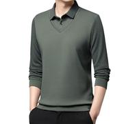 TOTDYIKH Men's Striped Lapel Fake Two-Piece Shirt,Men Long Sleeve Faux 2-Piece Knitted Polo Shirt (Bean Green,3X-Large)