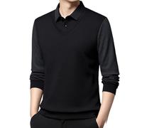 TOTDYIKH Men's Striped Lapel Fake Two-Piece Shirt,Men Long Sleeve Faux 2-Piece Knitted Polo Shirt (Black,3X-Large)