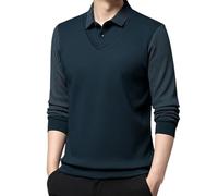 TOTDYIKH Men's Striped Lapel Fake Two-Piece Shirt,Men Long Sleeve Faux 2-Piece Knitted Polo Shirt (Cyan,3X-Large)