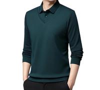 TOTDYIKH Men's Striped Lapel Fake Two-Piece Shirt,Men Long Sleeve Faux 2-Piece Knitted Polo Shirt (Dark Green,3X-Large)