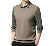 TOTDYIKH Men's Striped Lapel Fake Two-Piece Shirt,Men Long Sleeve Faux 2-Piece Knitted Polo Shirt (Khaki,Medium)